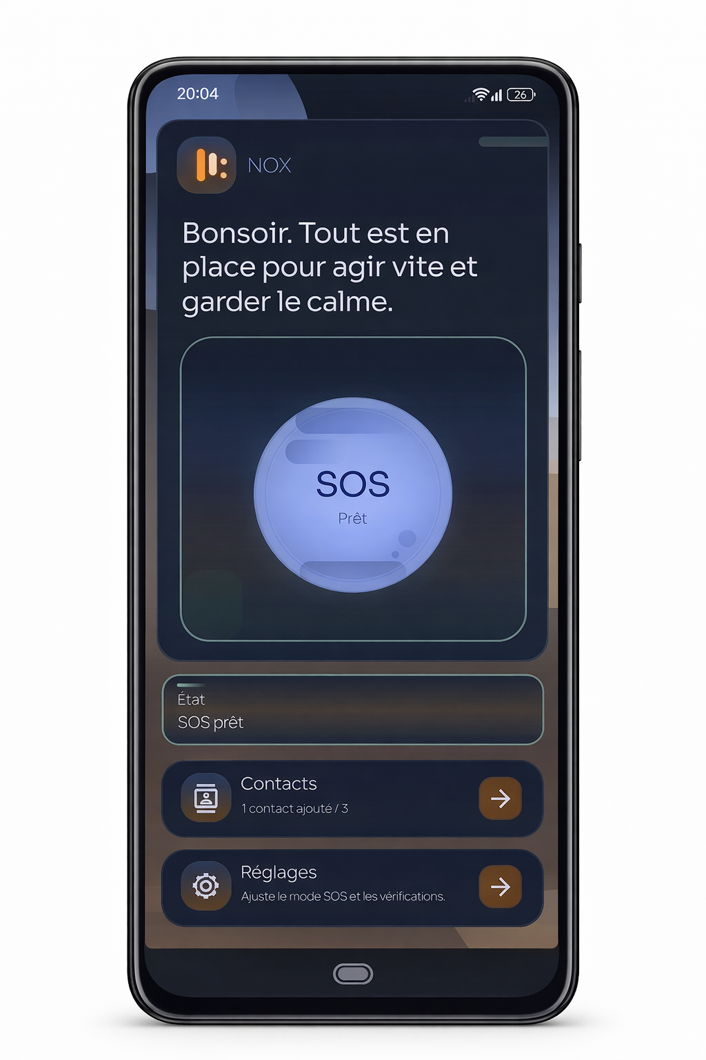 Écran principal NOX affiché dans un téléphone